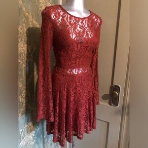 Y2k does 90s Burnt Orange Lace Long-Sleeve Fit-and-Flare Dress